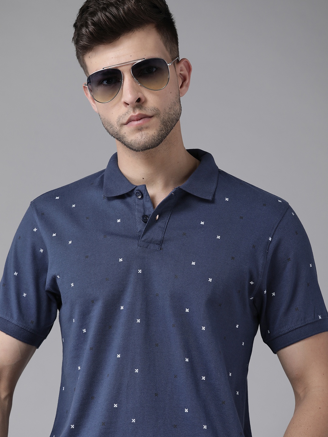 

Roadster Men Navy Blue Printed Polo Collar Pure Cotton T-shirt