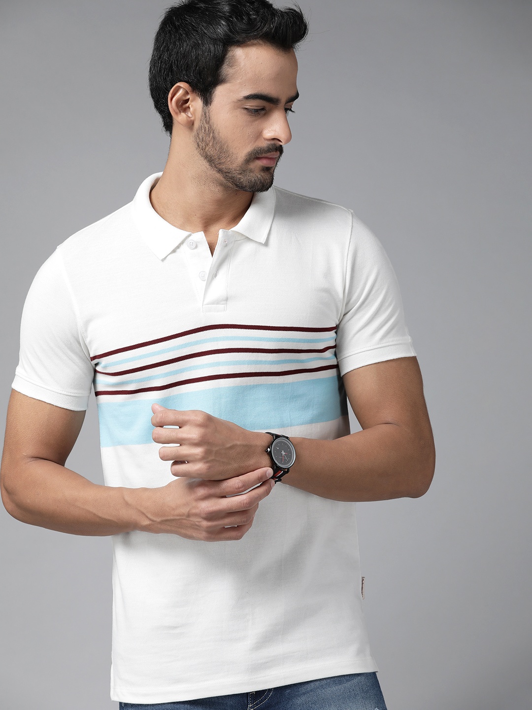 

Roadster Men White & Blue Striped Polo Collar Pure Cotton T-shirt