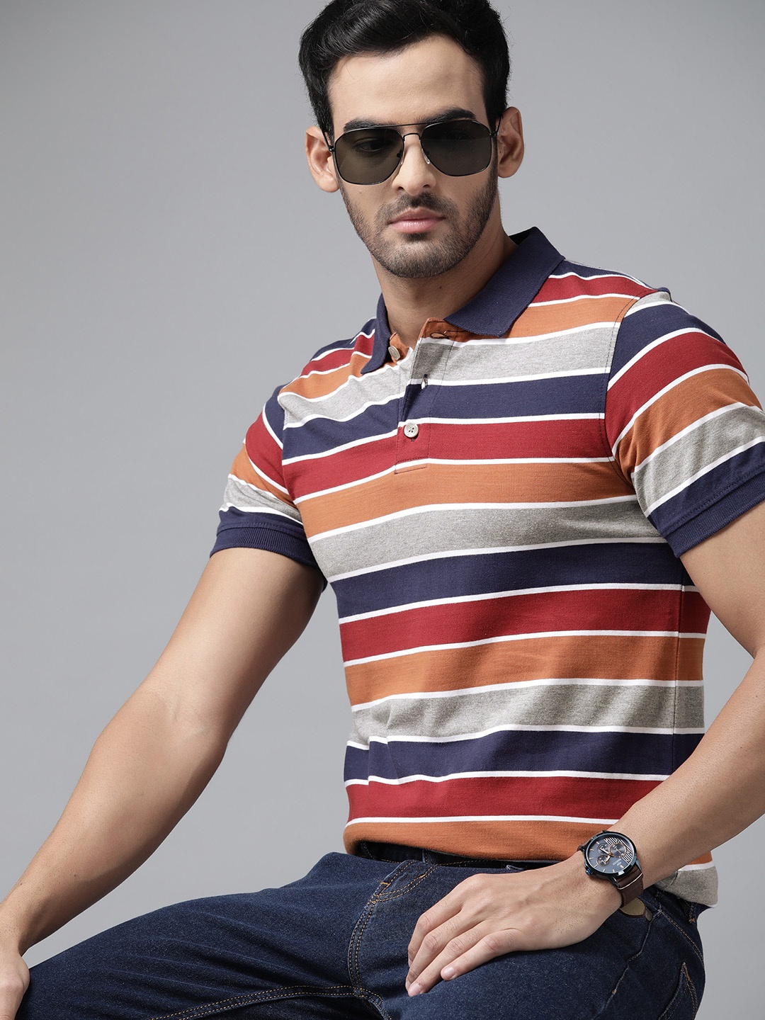 

Roadster Men Grey Melange & Navy Blue Striped Polo Collar T-shirt