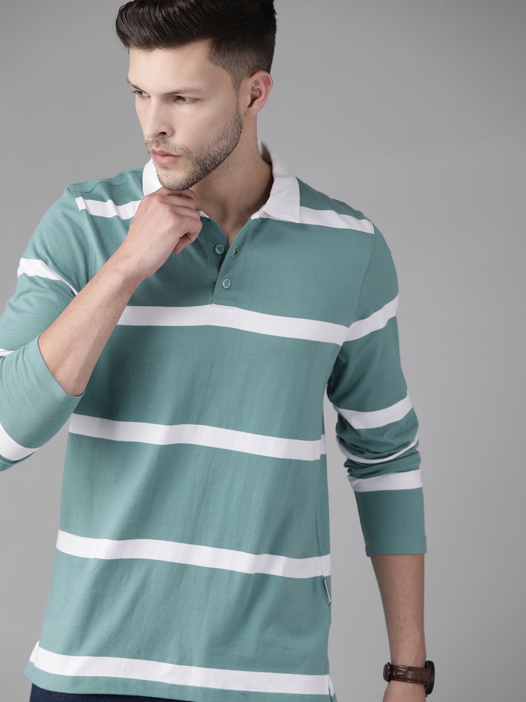 

Roadster Men Blue & White Striped Polo Collar Pure Cotton T-shirt