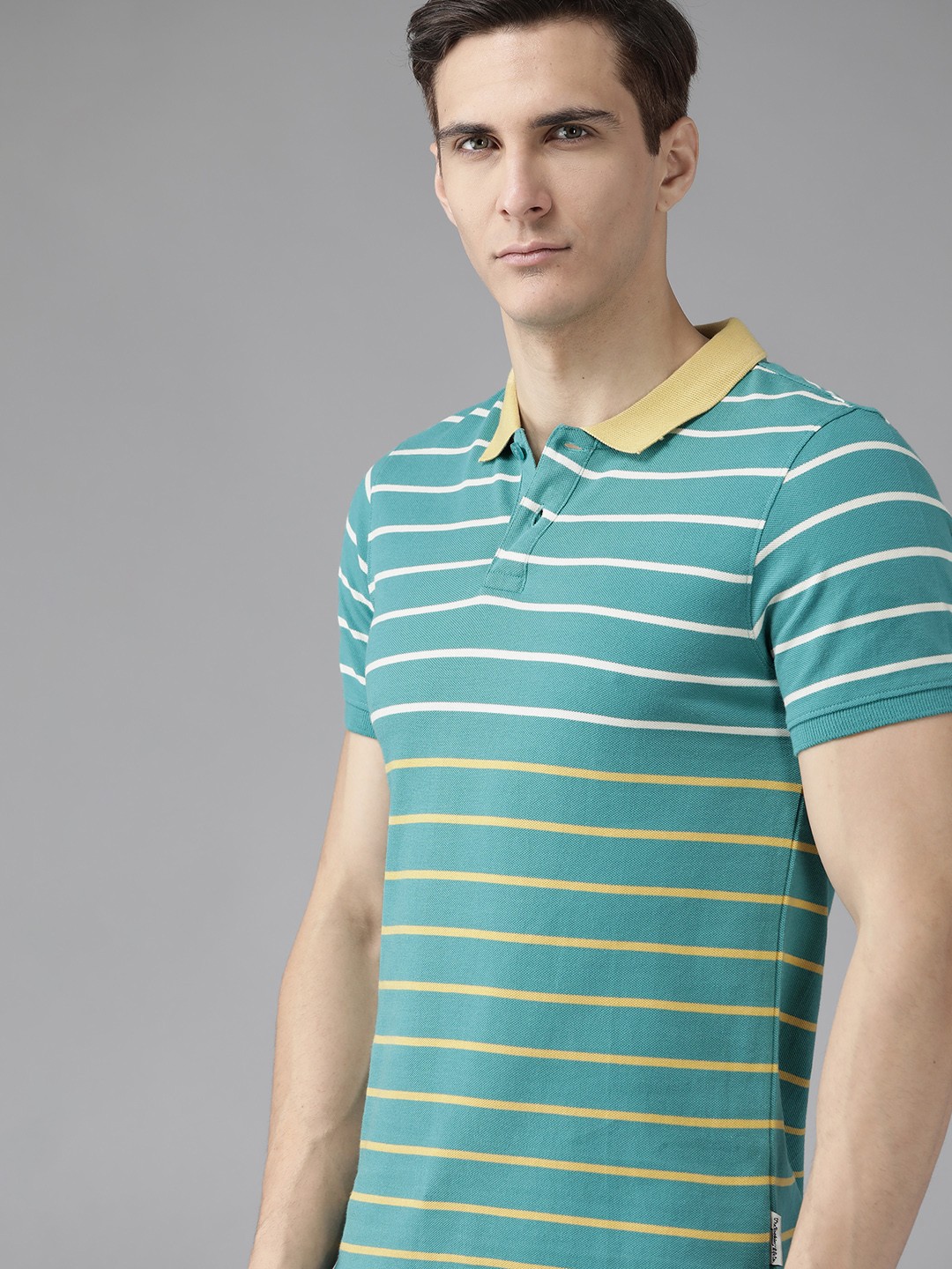 

Roadster Men Blue & White Striped Polo Collar Pure Cotton T-shirt