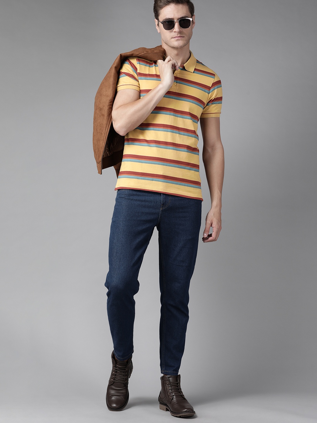 

The Roadster Lifestyle Co Men Khaki & Maroon Pure Cotton Striped Polo Collar T-shirt