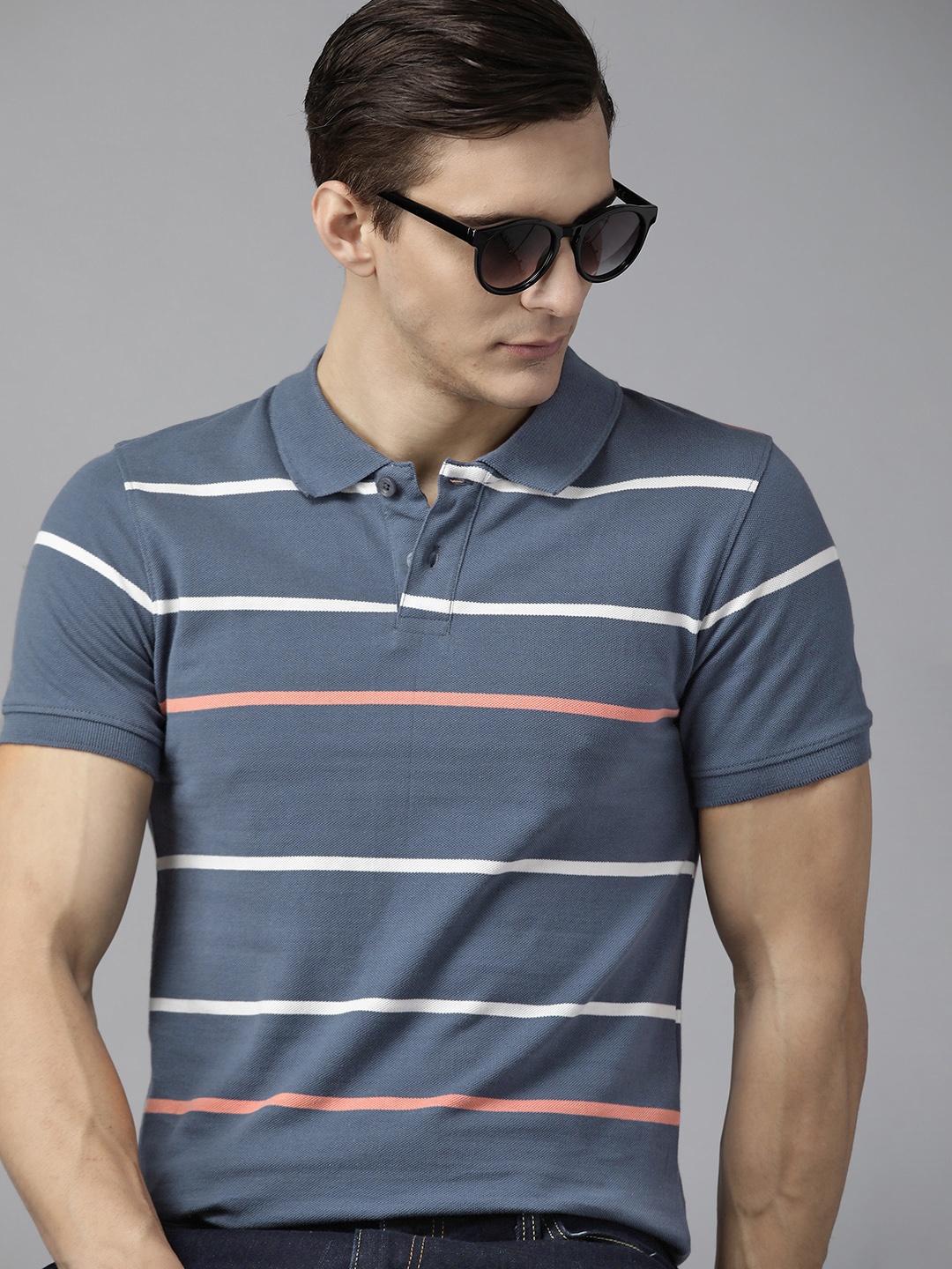 

Roadster Men Blue & White Striped Polo Collar Pure Cotton T-shirt