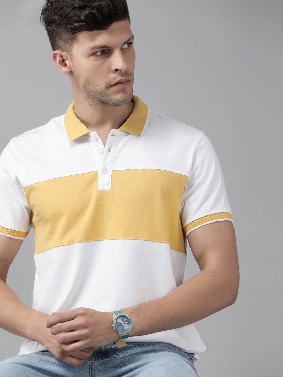

Roadster Men Mustard Yellow & White Striped Polo Collar Pure Cotton T-shirt