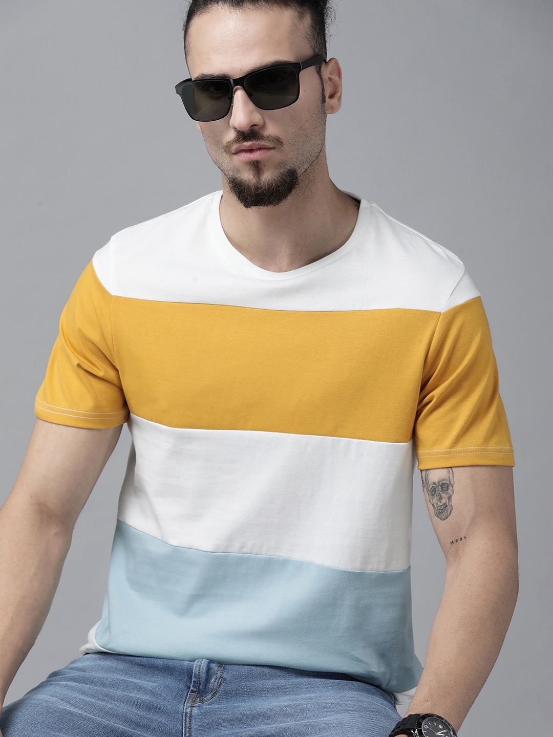 

Roadster Men White & Mustard Yellow Colourblocked Pure Cotton T-shirt