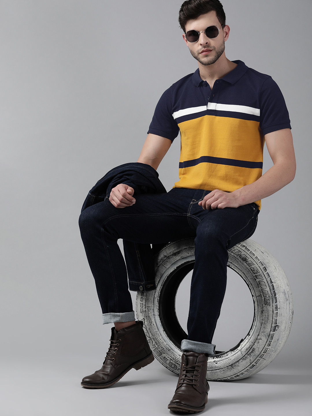 

Roadster Men Mustard Yellow & Navy Blue Pure Cotton Colourblocked Polo Collar T-shirt