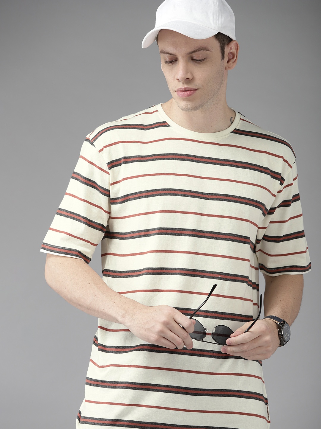 

Roadster Men Cream-Coloured & Maroon Pure Cotton Striped Boxy T-shirt