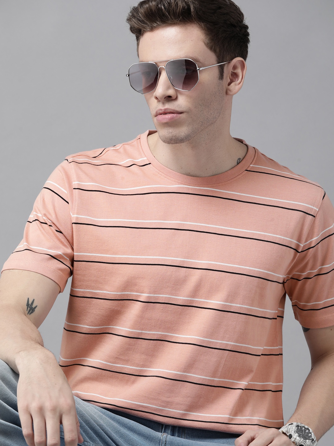 

Roadster Men Peach-Coloured Striped Pure Cotton T-shirt