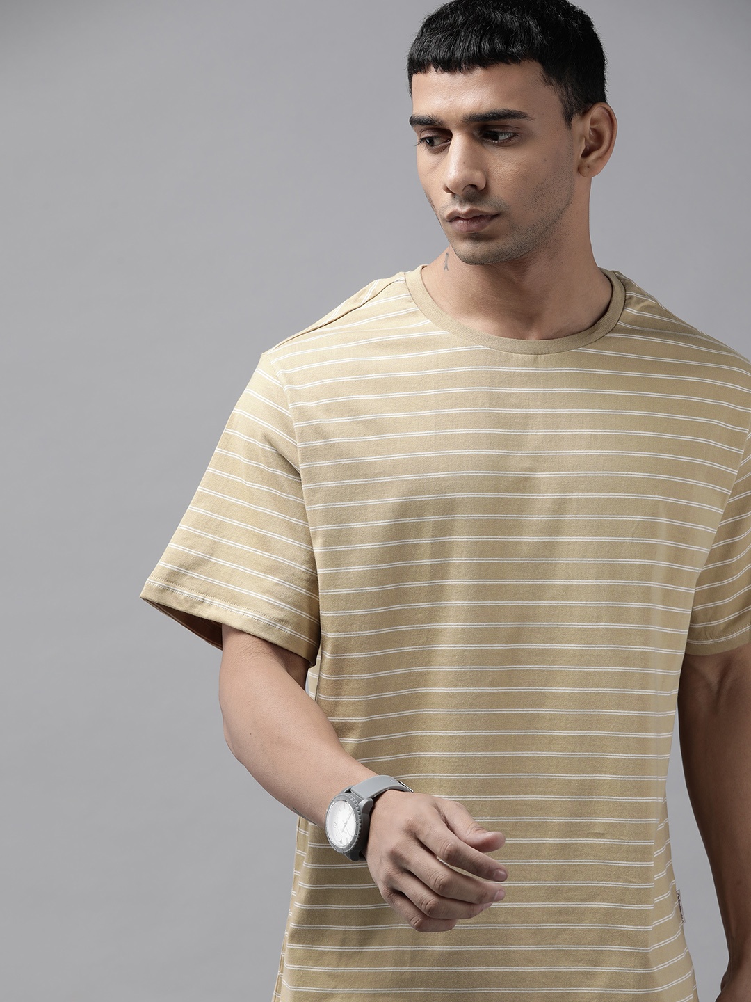 

Roadster Men Khaki & White Striped Pure Cotton T-shirt