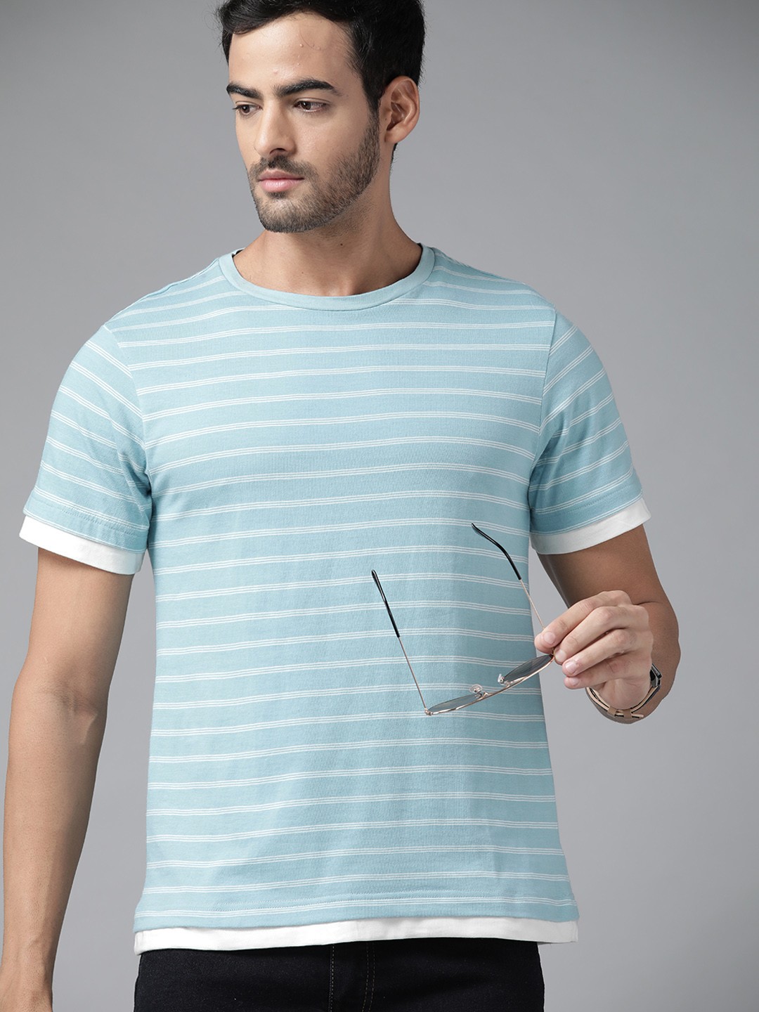 

Roadster Men Blue & White Striped Pure Cotton T-shirt