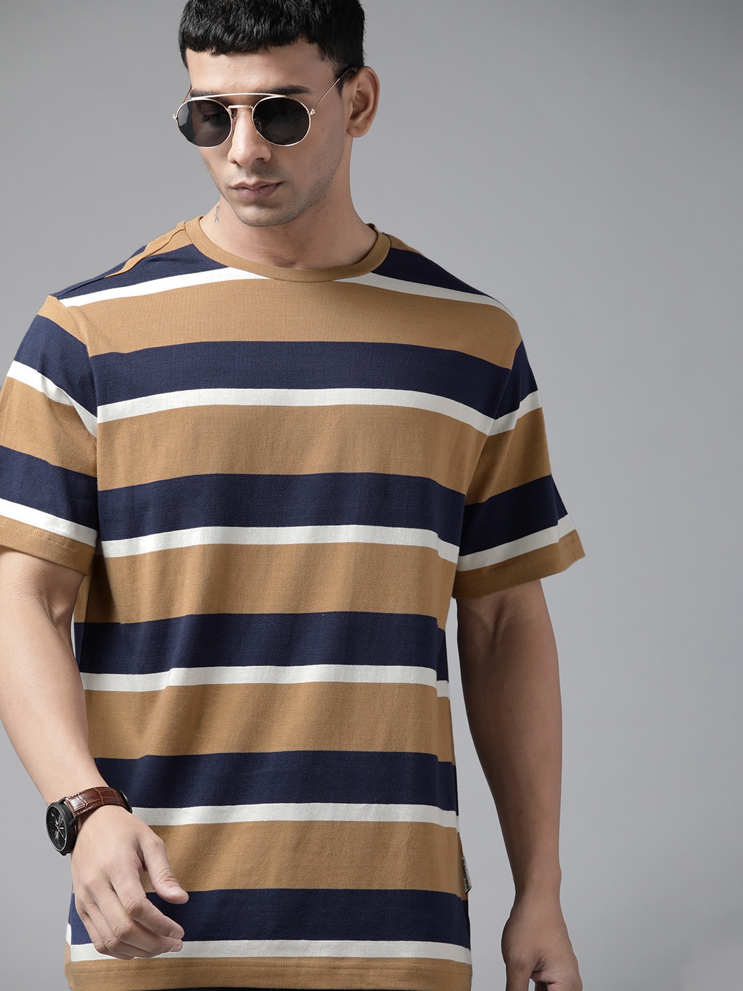 

Roadster Men Khaki & Navy Blue Striped Pure Cotton T-shirt