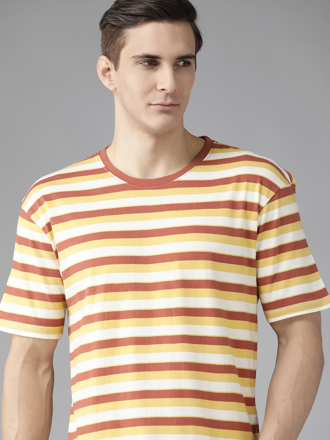 

Roadster Men Rust Orange & Mustard Yellow Striped Drop-Shoulder Sleeves Cotton T-shirt