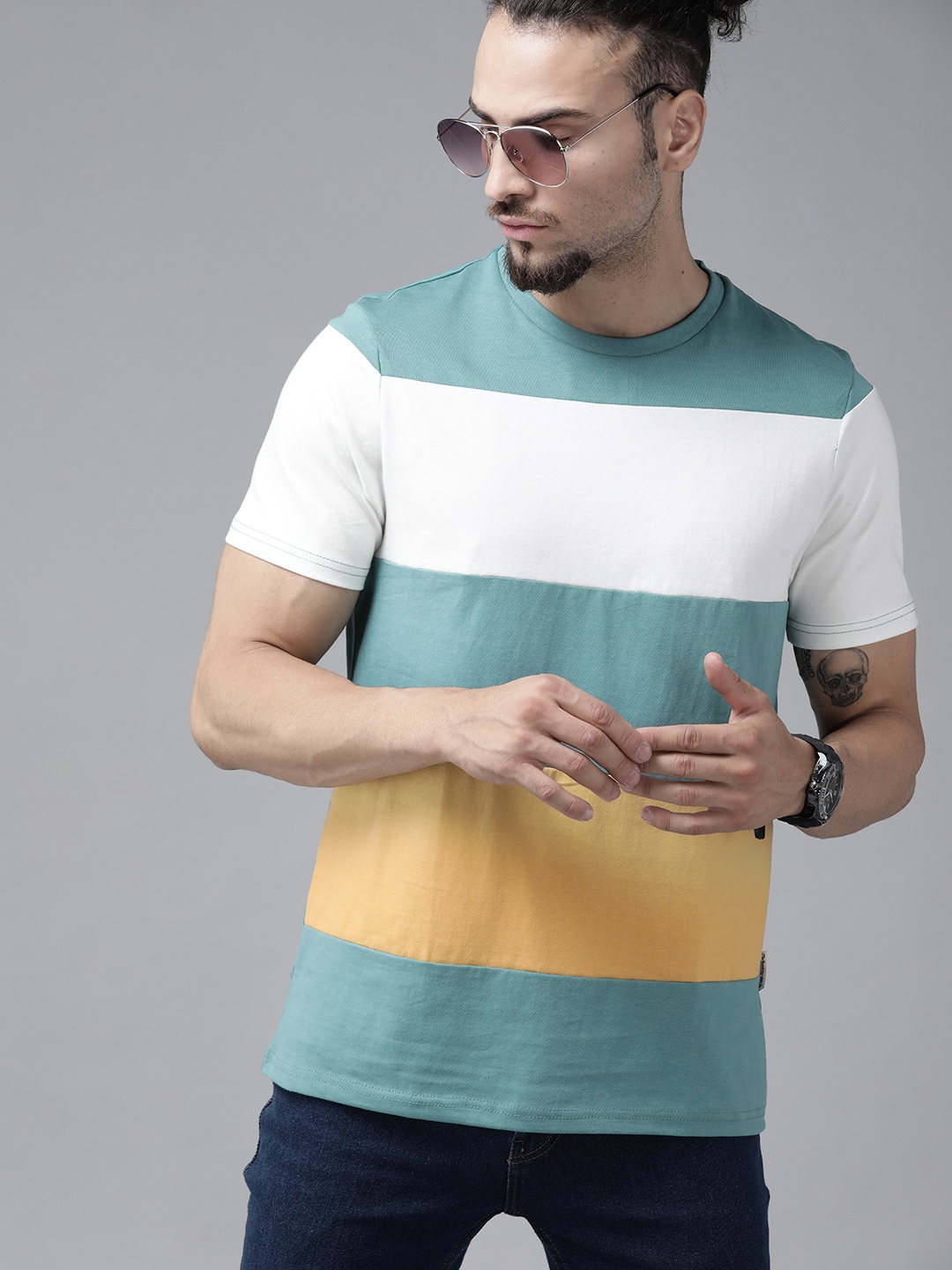 

Roadster Men Blue & Yellow Colourblocked Pure Cotton T-shirt