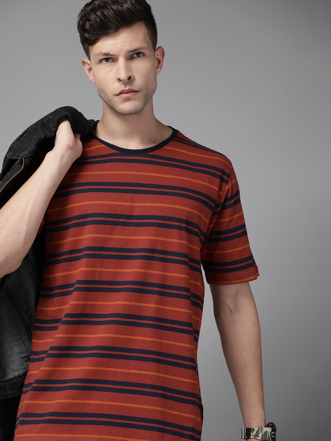 

The Roadster Lifestyle Co. Men Rust Orange & Navy Blue Striped Pure Cotton T-shirt