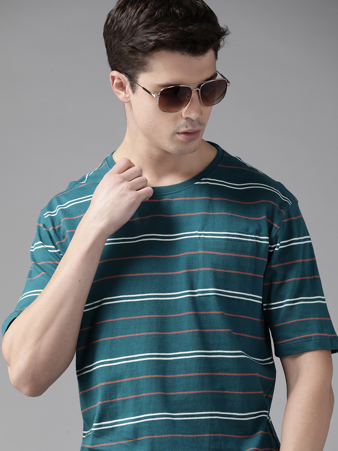 

Roadster Men Striped Pure Cotton T-shirt, Teal