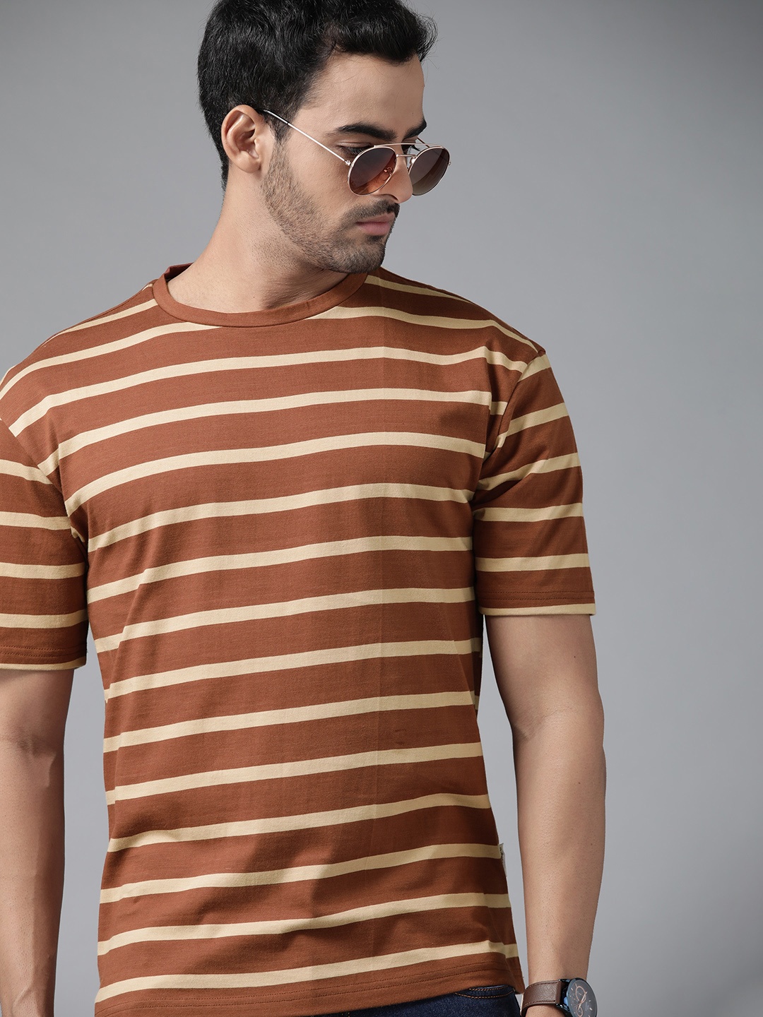 

Roadster Men Brown Striped Pure Cotton T-shirt