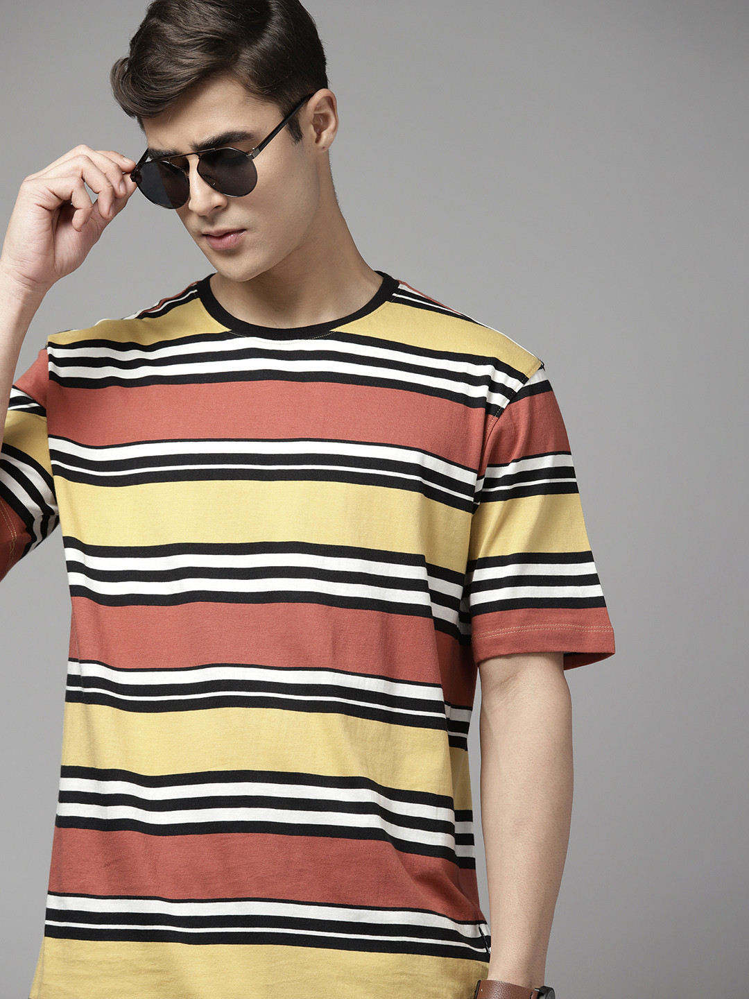 

The Roadster Lifestyle Co. Striped Pure Cotton T-shirt, Mustard