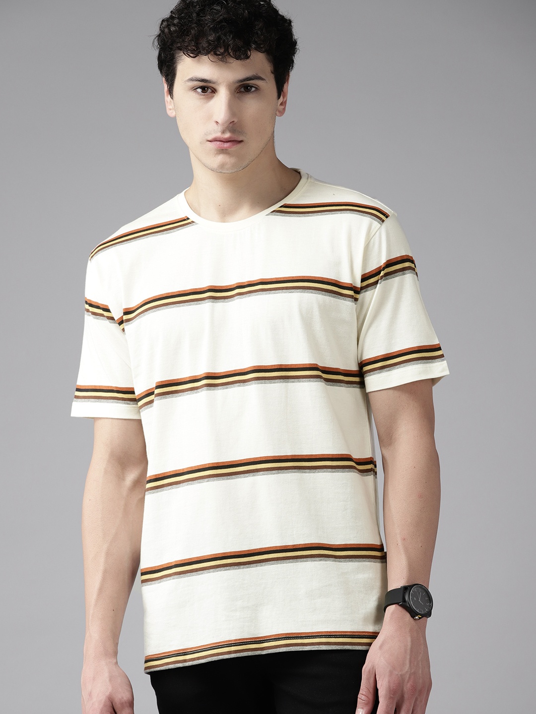

The Roadster Lifestyle Co. Striped Pure Cotton T-shirt, Off white