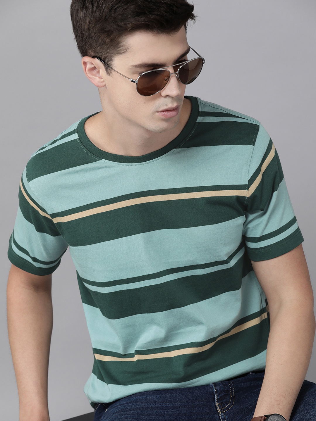 

Roadster Men Green & Blue Striped Pure Cotton T-shirt