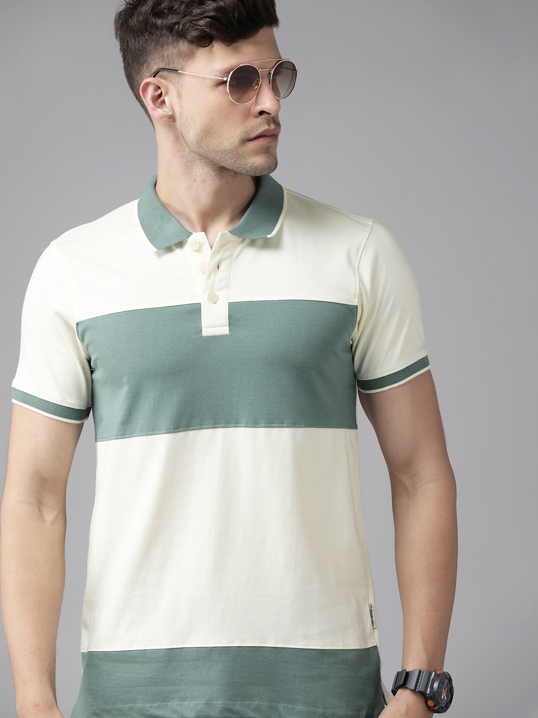 

Roadster Men Cream-Coloured & Olive Green Striped Polo Collar Pure Cotton T-shirt