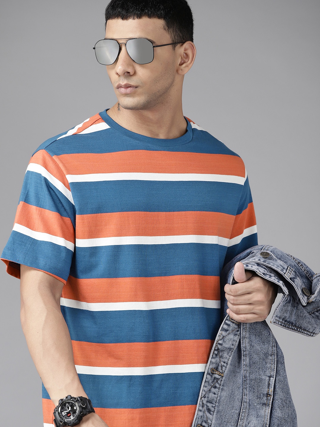 

Roadster Men Blue & Rust Orange Striped Pure Cotton T-shirt