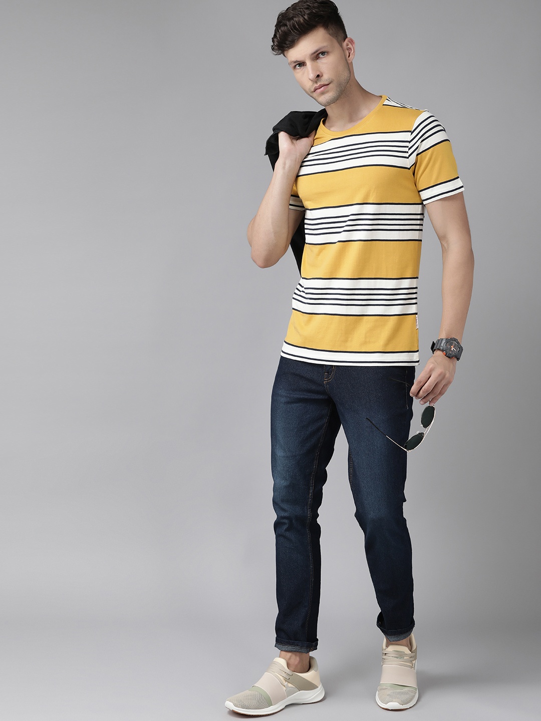 

Roadster Men Mustard Yellow & Off White Pure Cotton Striped T-shirt