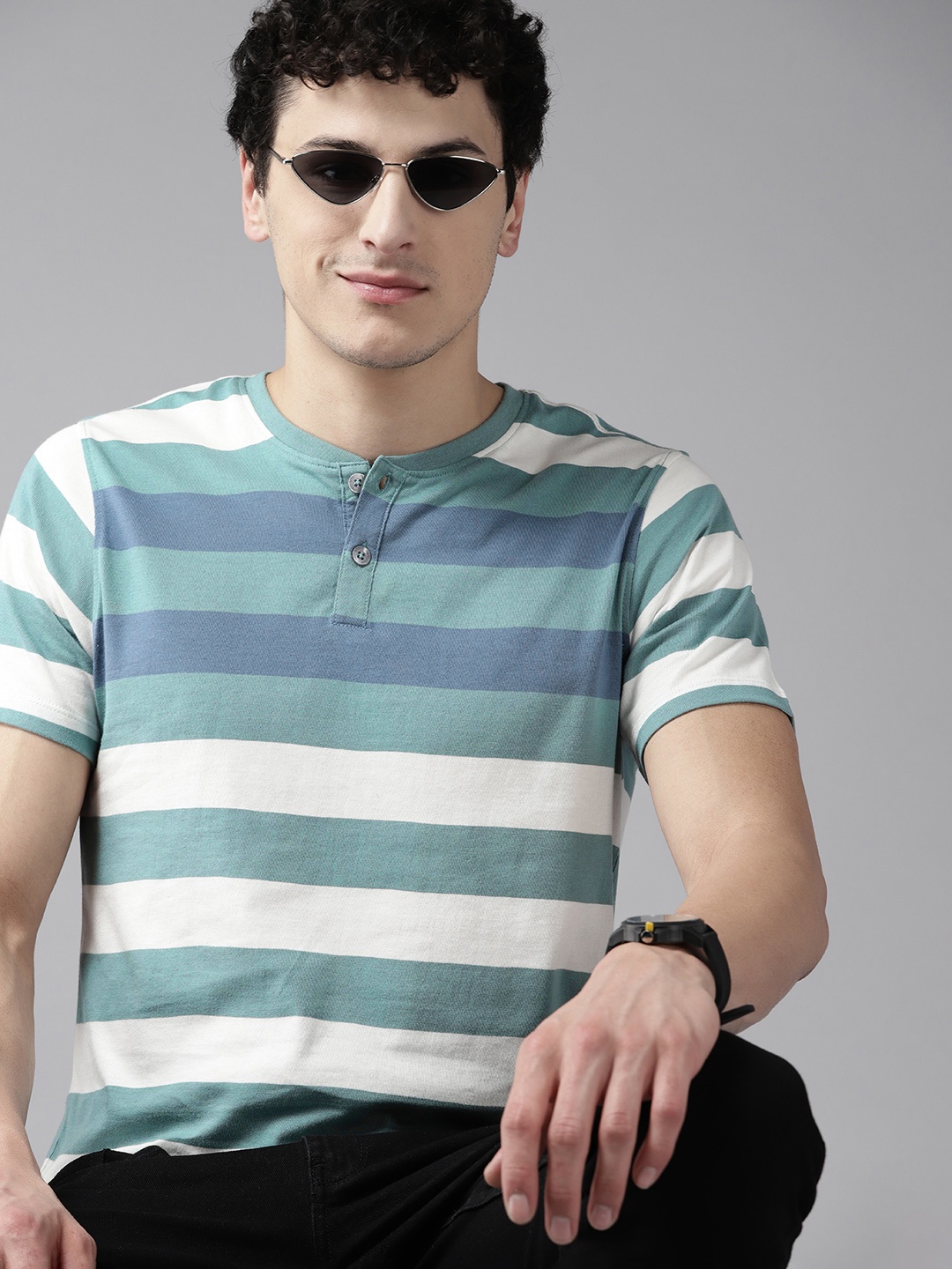 

The Roadster Lifestyle Co. Men Striped Henley Neck Pure Cotton T-shirt, White