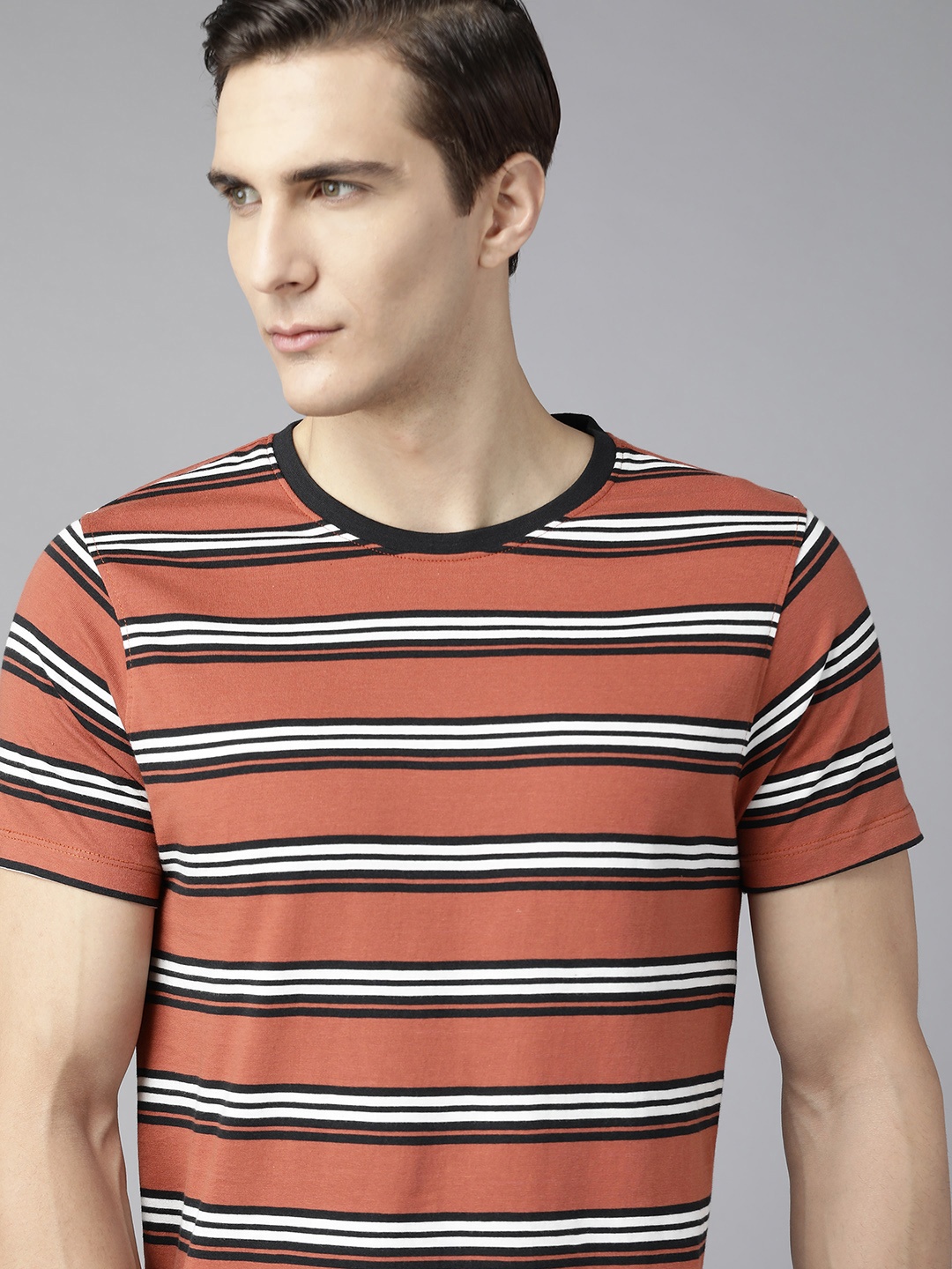 

Roadster Men Rust Red & Black Striped Pure Cotton T-shirt