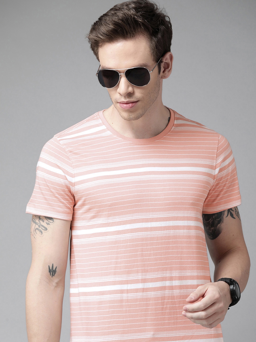 

Roadster Men Dust Pink & White Striped Pure Cotton T-shirt, Rose