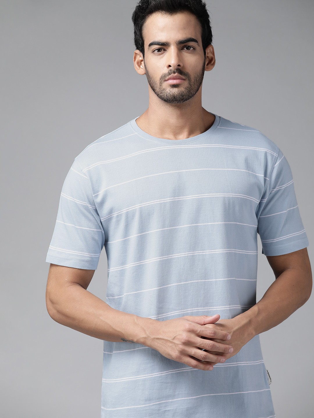 

Roadster Men Blue & White Striped Pure Cotton T-shirt