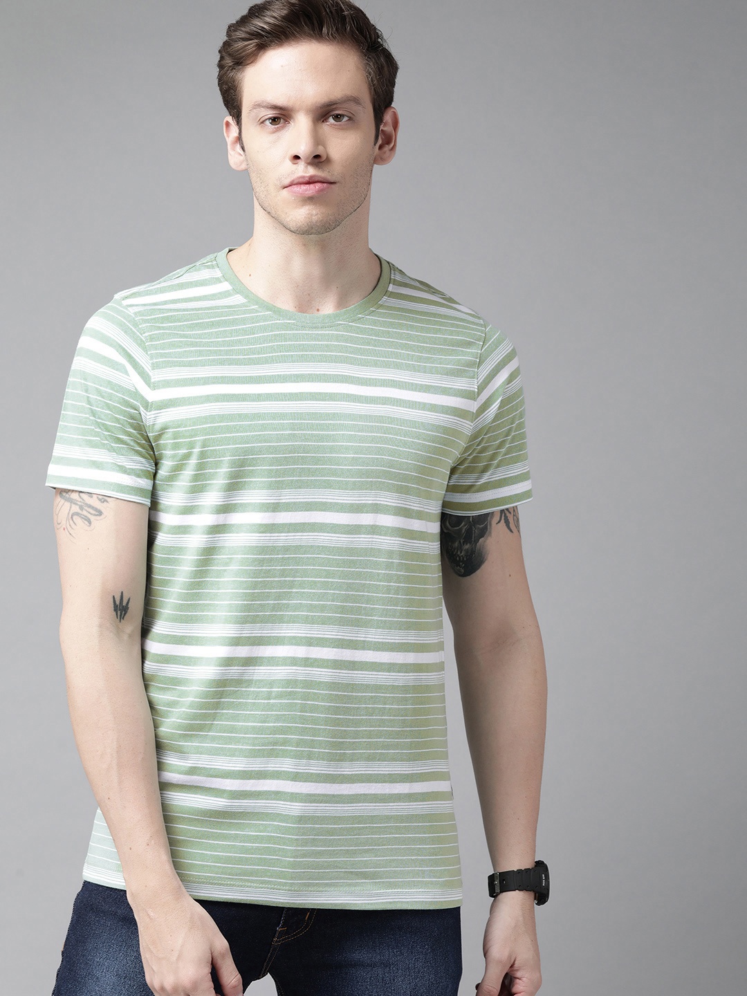 

Roadster Men Green & White Striped Pure Cotton T-shirt