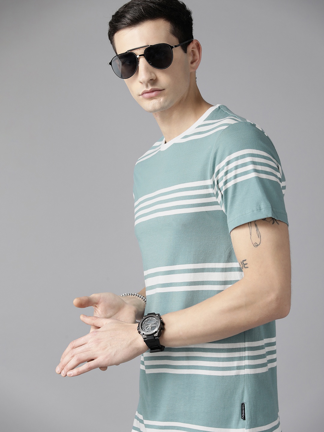 

The Roadster Lifestyle Co. Striped Pure Cotton T-shirt, Blue