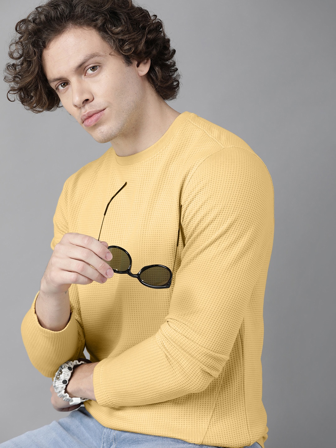 

Roadster Men Yellow Waffle Texture T-shirt