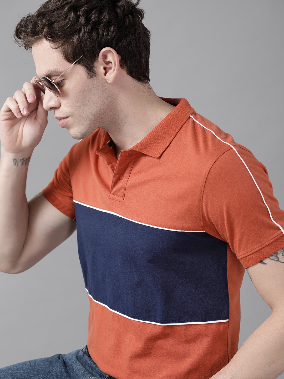 

Roadster Men Rust Orange & Navy Blue Colourblocked Polo Collar Pure Cotton T-shirt