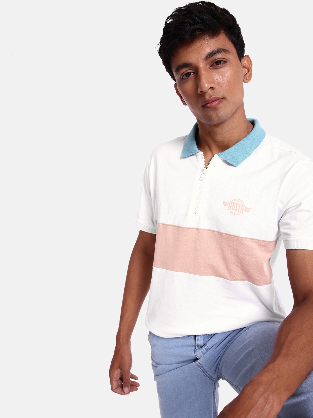 

The Roadster Lifestyle Co. Men Pure Cotton Colourblocked Polo Collar T-shirt, White