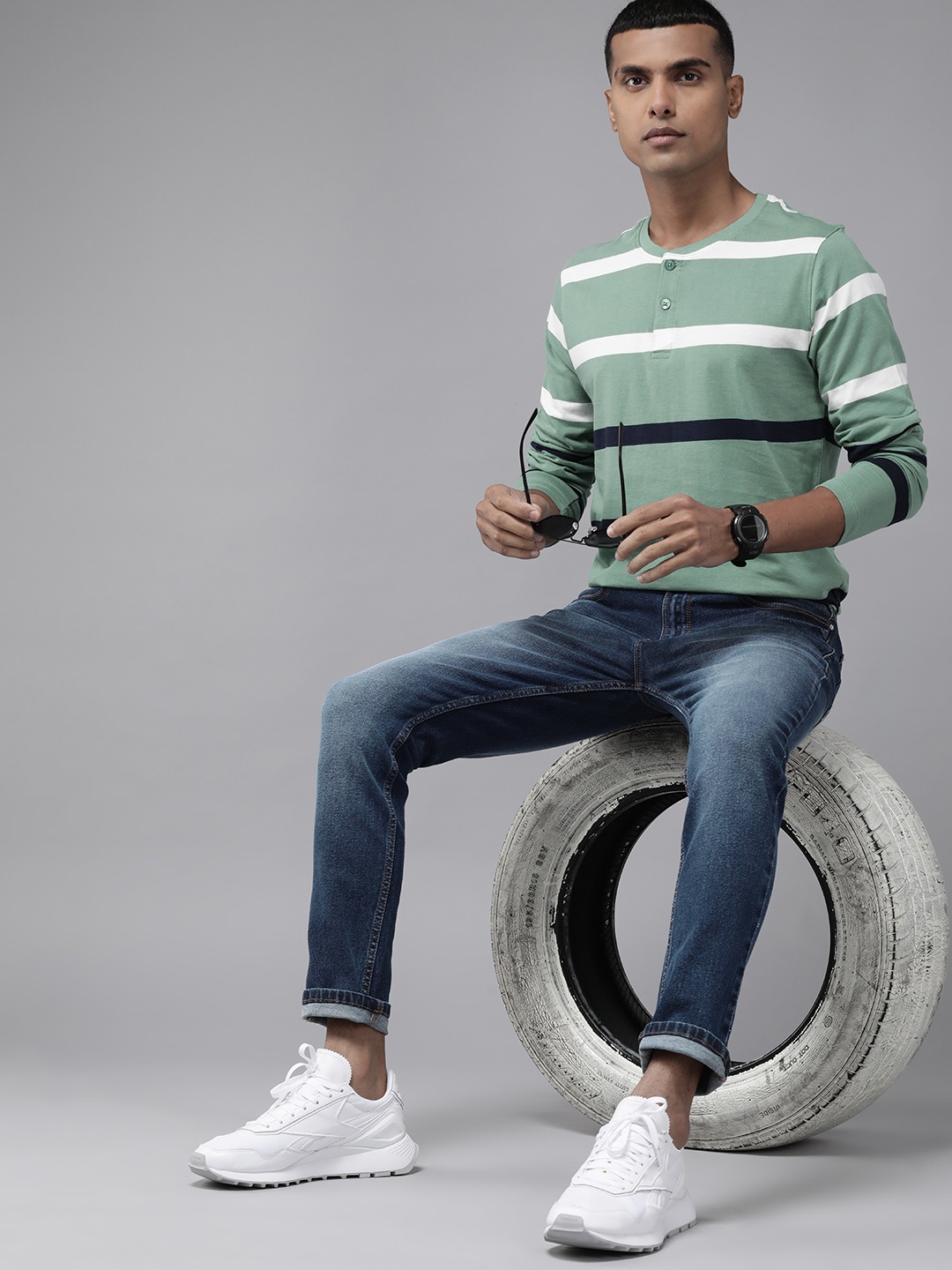 

Roadster Men Blue & White Striped Henley Neck Pure Cotton T-shirt