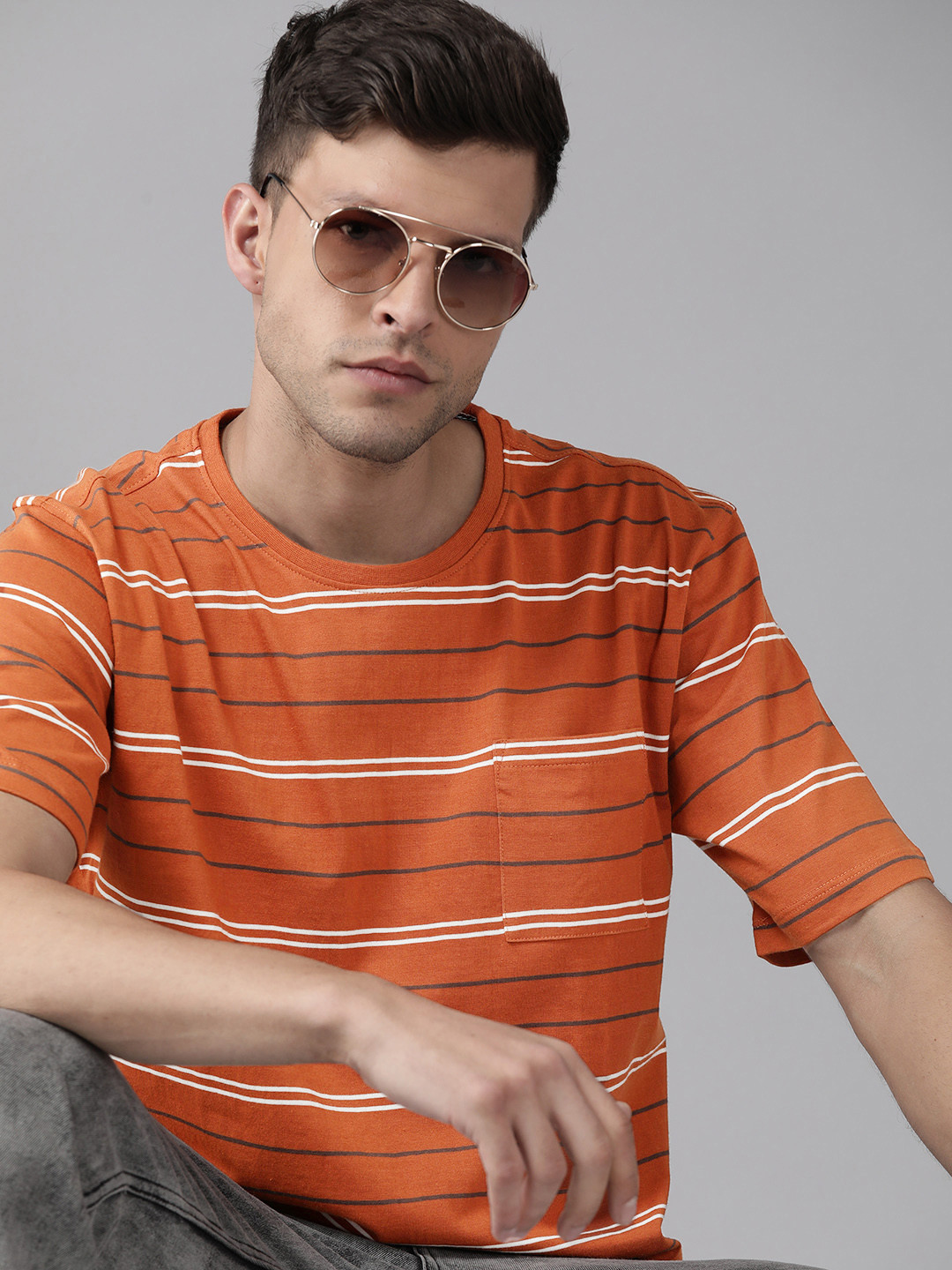

Roadster Men Rust Orange & White Striped Pure Cotton T-shirt