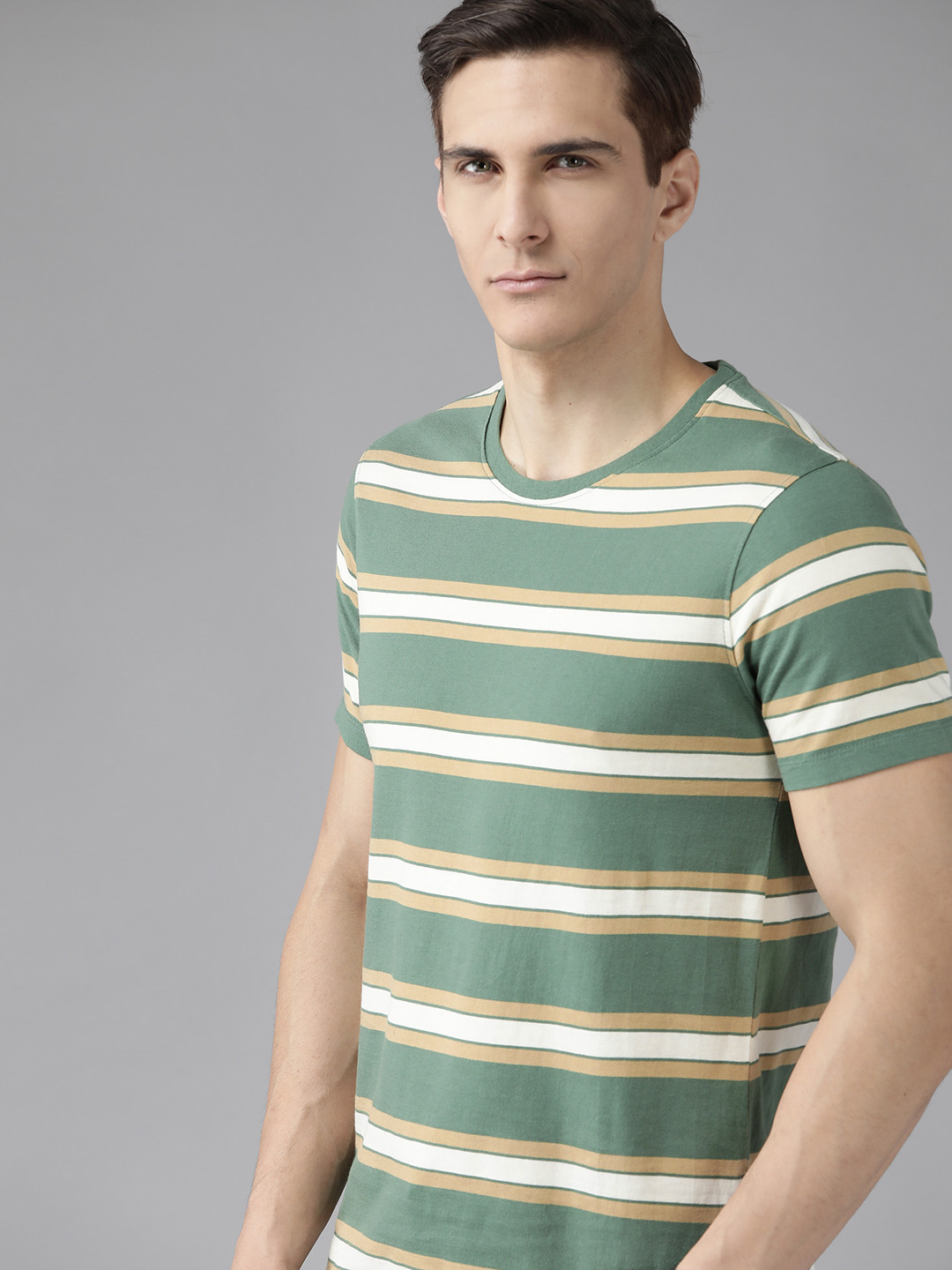 

Roadster Men Green & Off White Striped Pure Cotton T-shirt