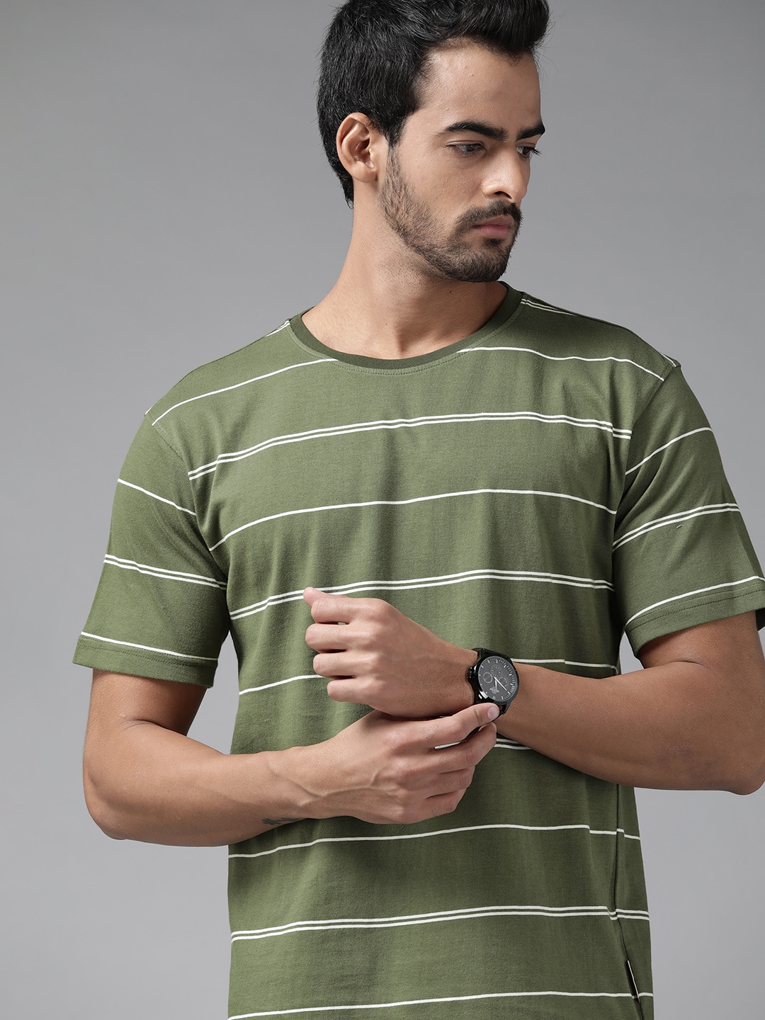 

Roadster Men Olive Green & Coffee Brown Striped Pure Cotton T-shirt