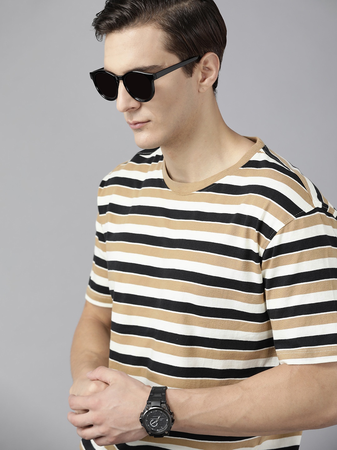 

Roadster Men Khaki & Black Striped Pure Cotton T-shirt
