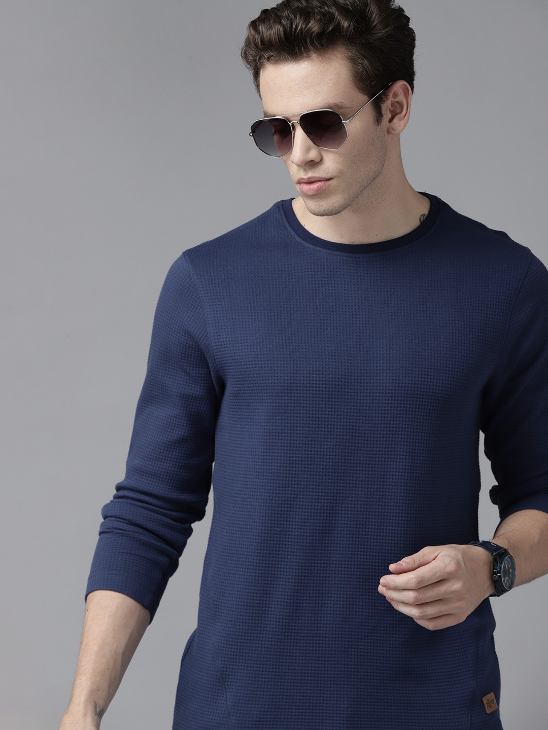

Roadster Men Navy Blue Self Design Perforated T-shirt