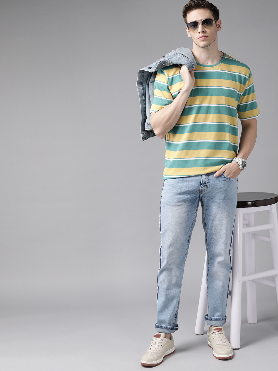 

Roadster Men Mustard Yellow & Blue Striped Pure Cotton T-shirt