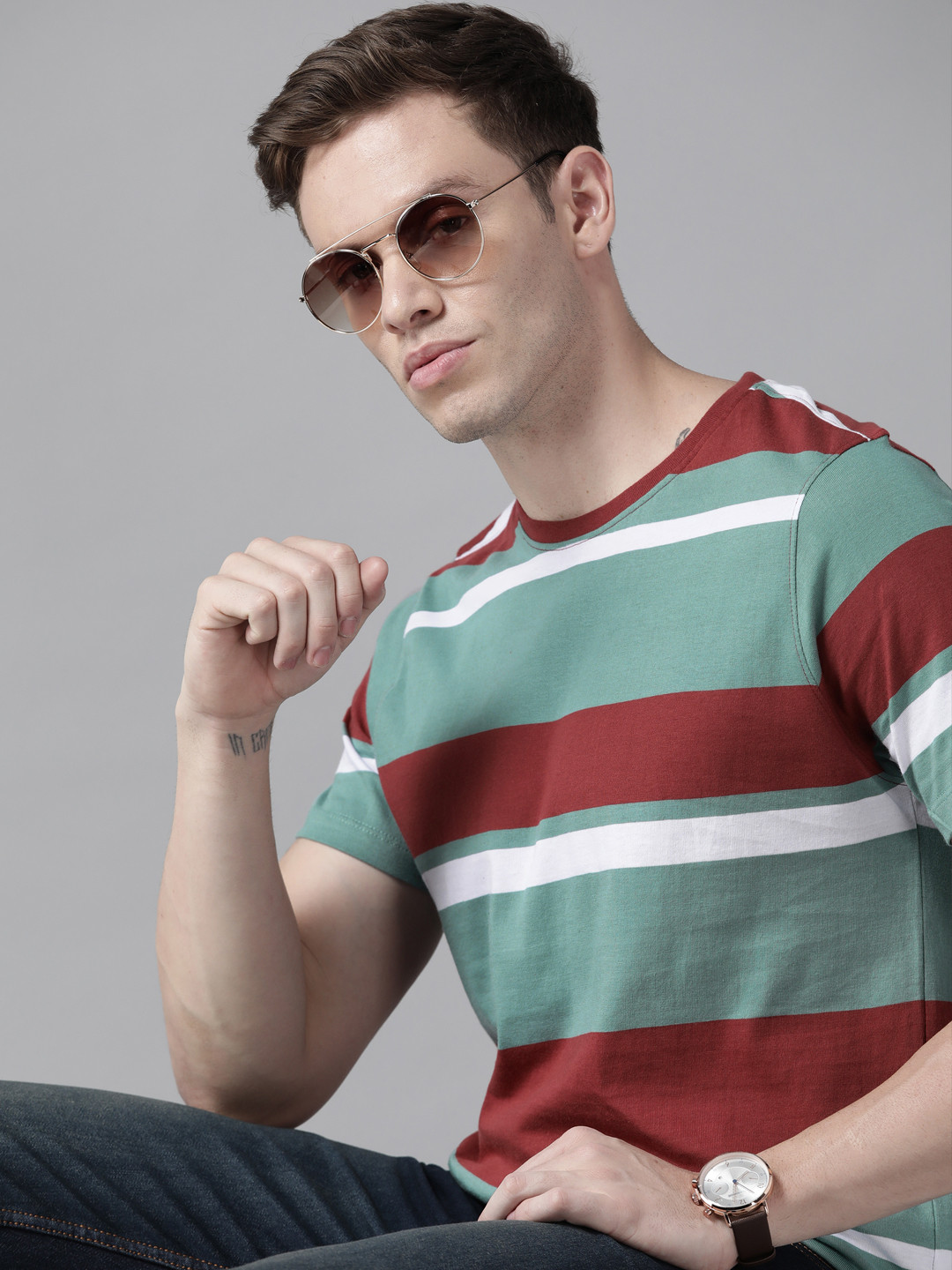 

Roadster Men Sea Green & Maroon Striped Pure Cotton T-shirt
