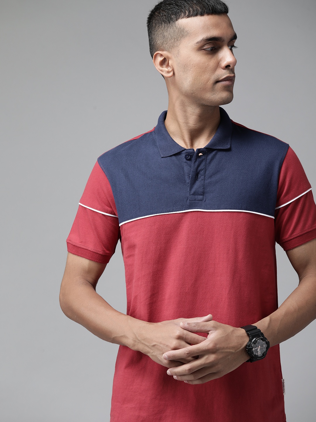 

Roadster Men Rust Red & Navy Blue Colourblocked Polo Collar Pure Cotton T-shirt