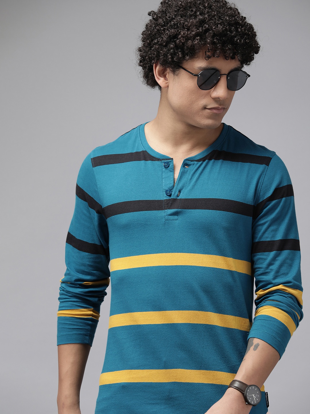 

Roadster Men Striped Henley Neck Pure Cotton T-shirt, Teal