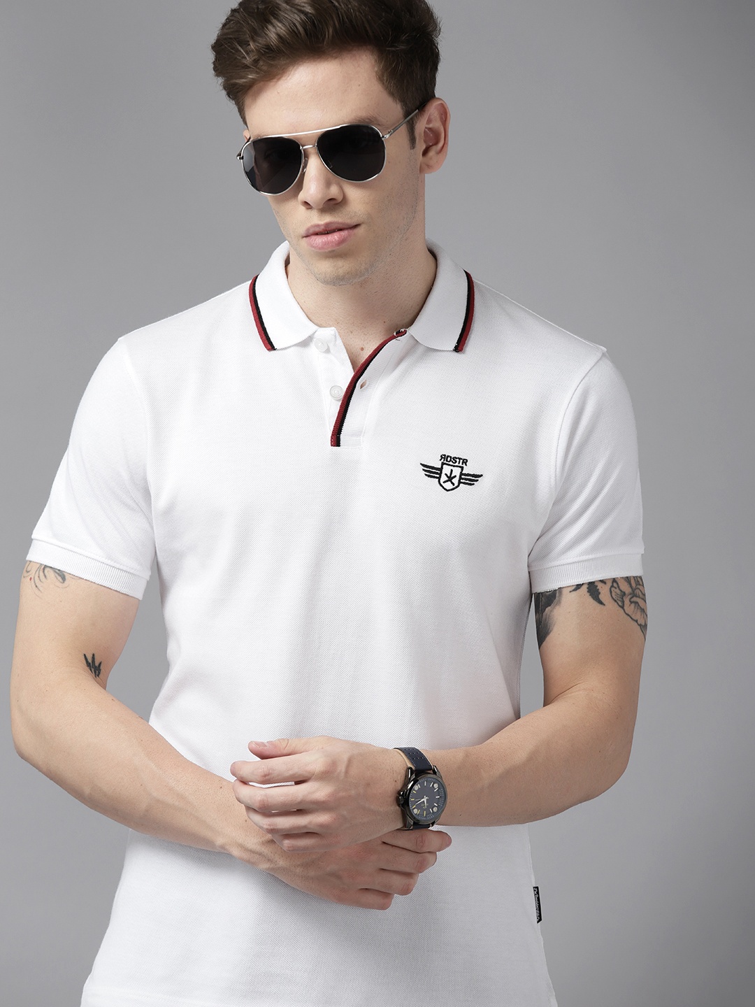 

Roadster Men White Polo Collar Pure Cotton T-shirt