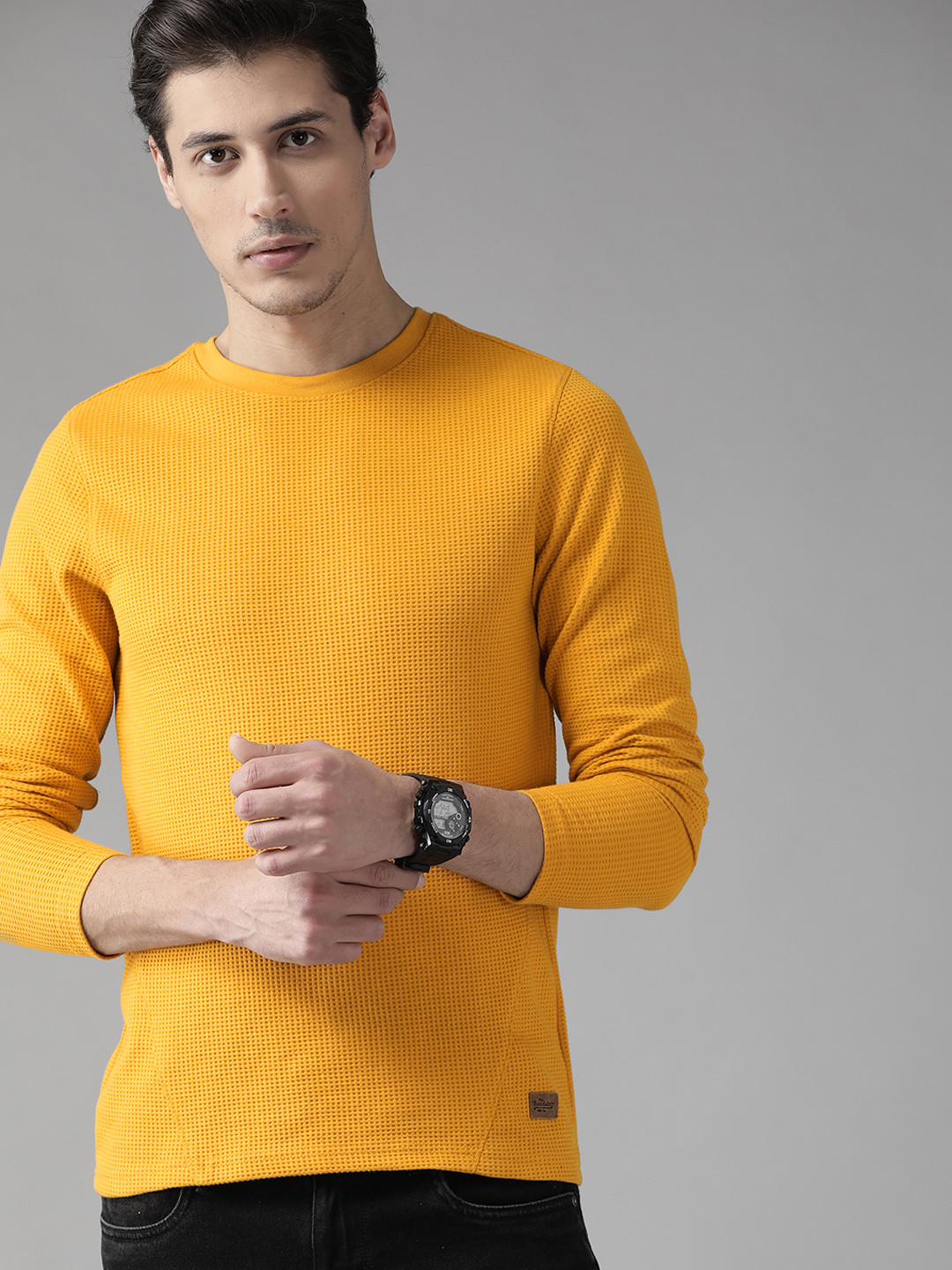 

The Roadster Lifestyle Co Men Mustard Yellow Waffle Texture T-shirt