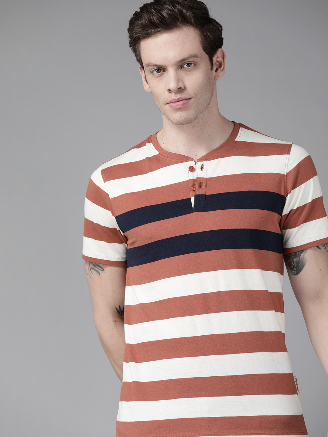 

Roadster Men Rust Orange & Cream-Coloured Striped Henley Neck Pure Cotton T-shirt