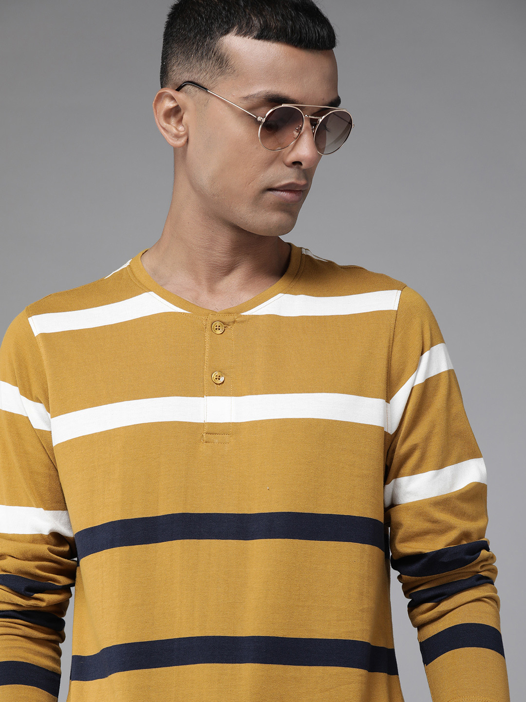

Roadster Men Khaki & Navy Blue Striped Henley Neck Pure Cotton T-shirt