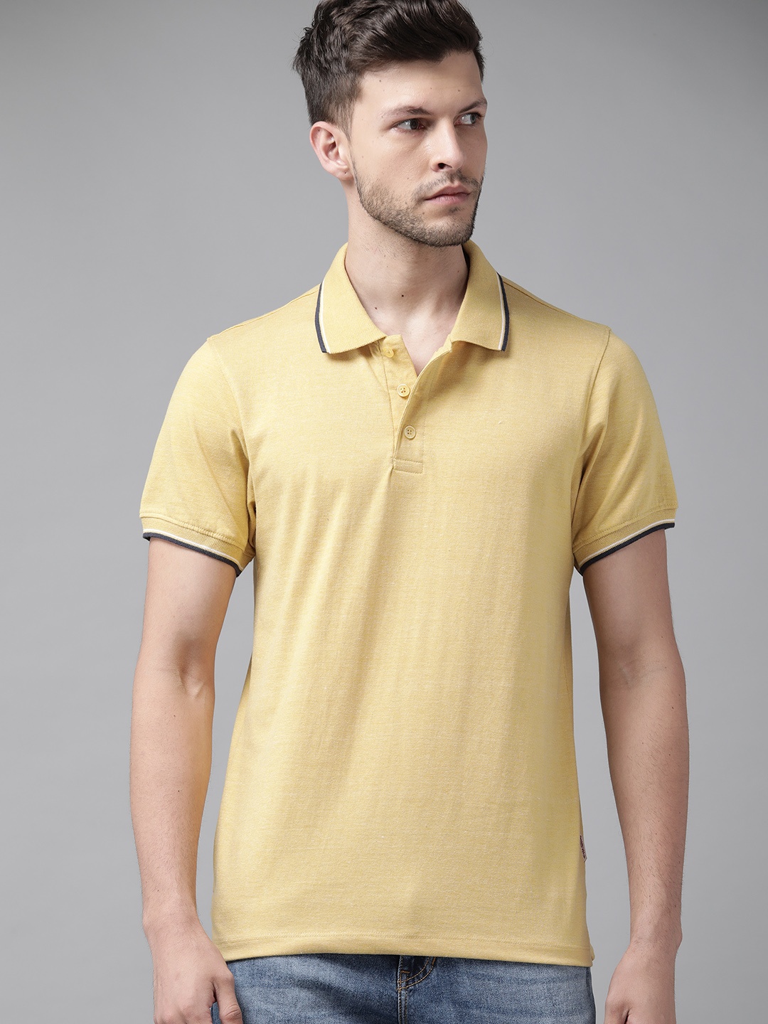 

Roadster Men Mustard Yellow Solid Polo Collar T-shirt